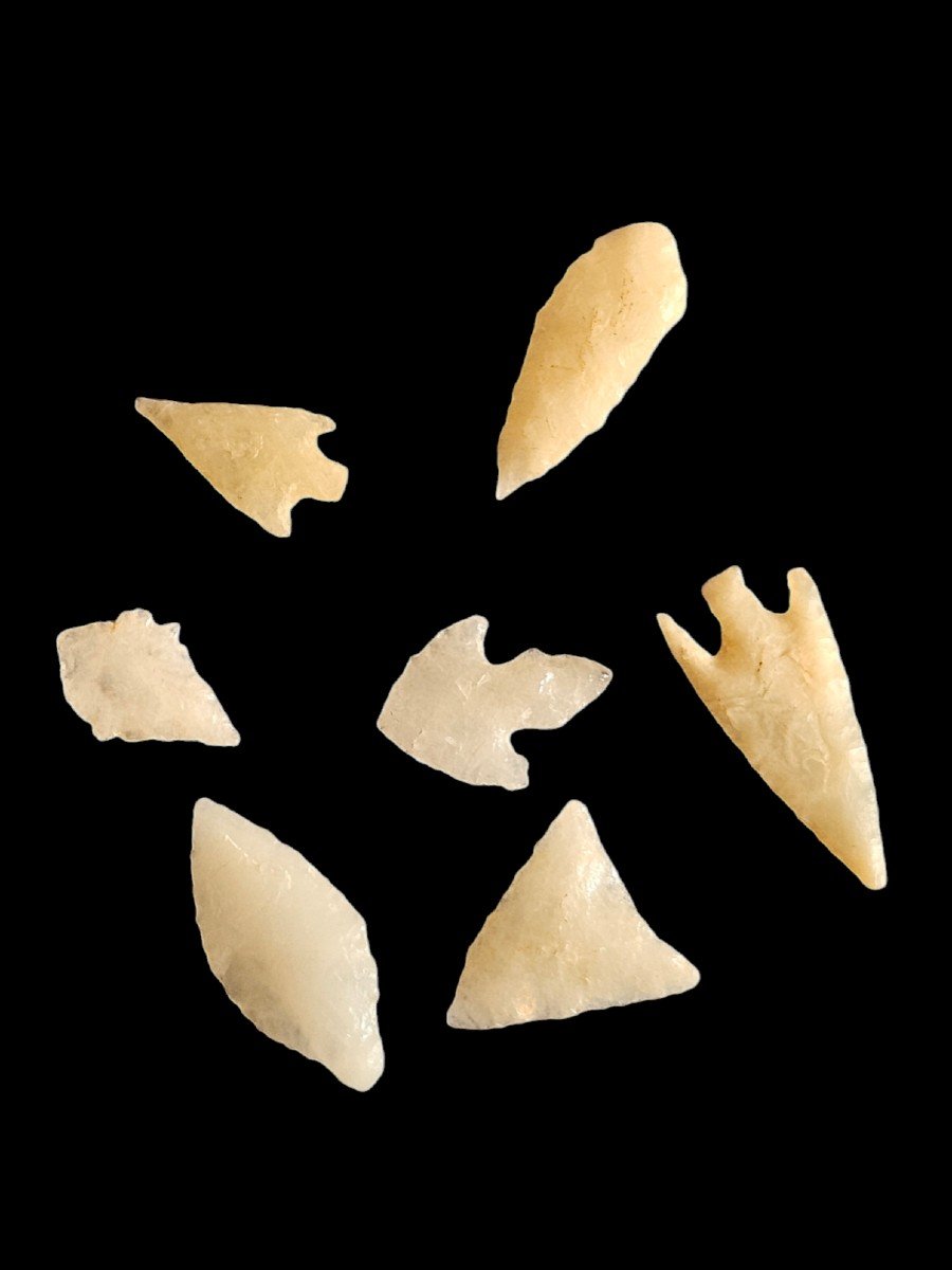 Seven White Quartz Arrowheads - Cochise Culture Arizona 1000 Bc