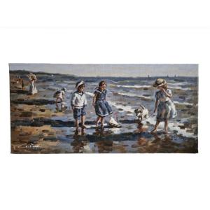 Oil Painting "children On The Beach And The Little Sailboat" Francis Cristaux