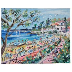 Yvon Grac Oil On Canvas “animated Baie Des Fourmis Beach Beaulieu Sur Mer”