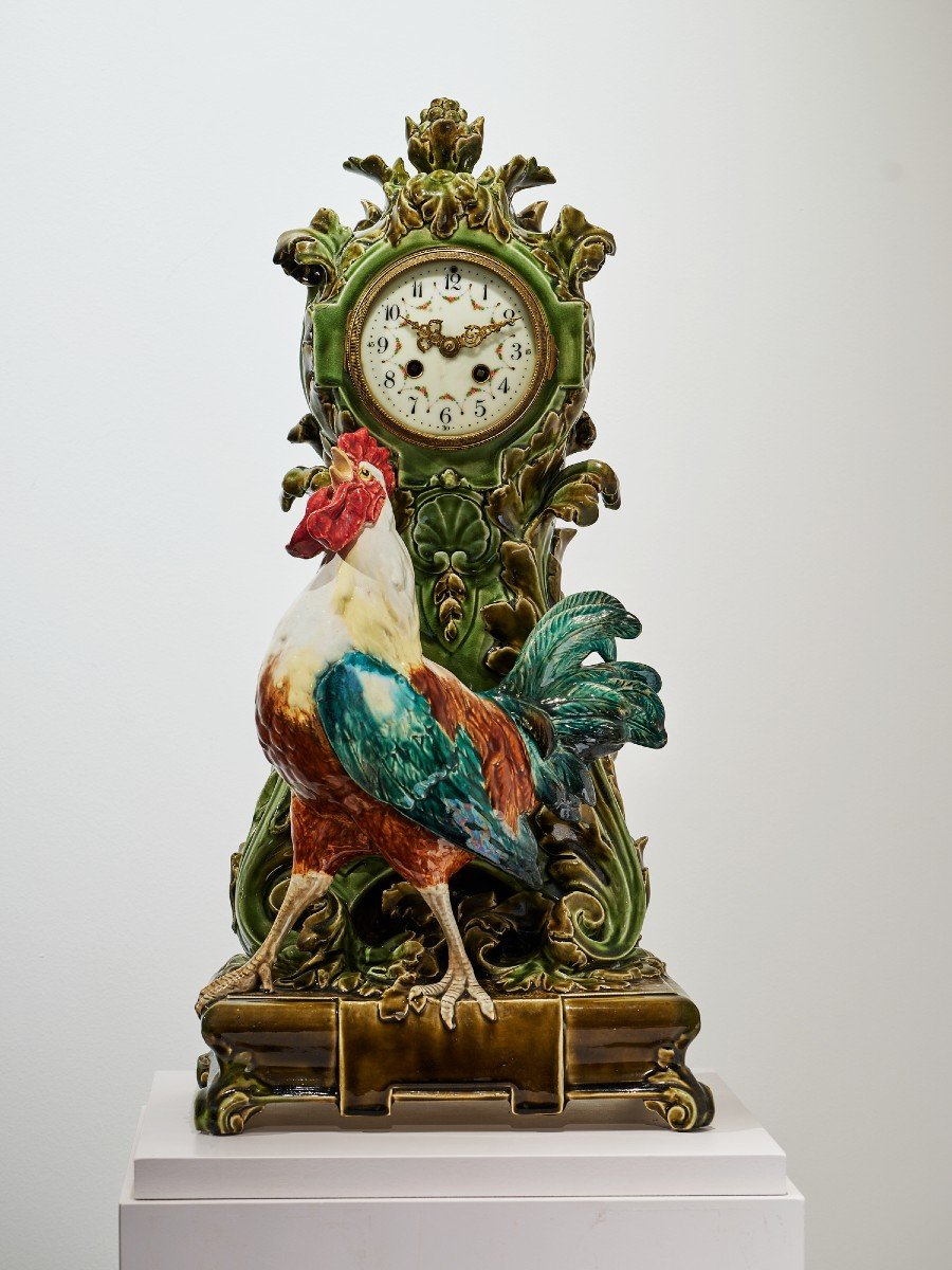 Choisy Le Roy, Singing Rooster Clock After Carrier Belleuse, Barbotine