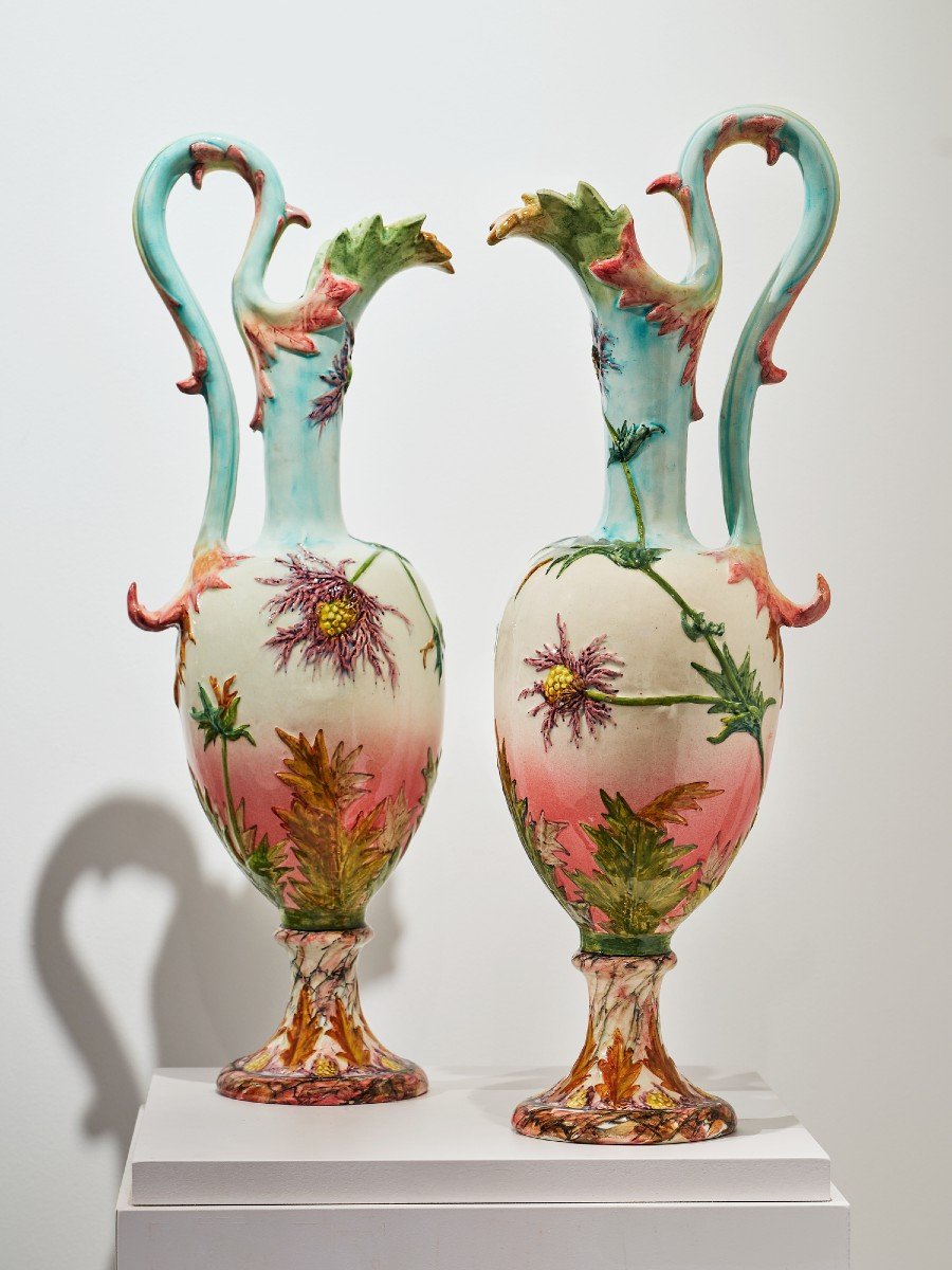 Delphin Massier, Pairs Of Ewers, Vallauris Vases Barbotine