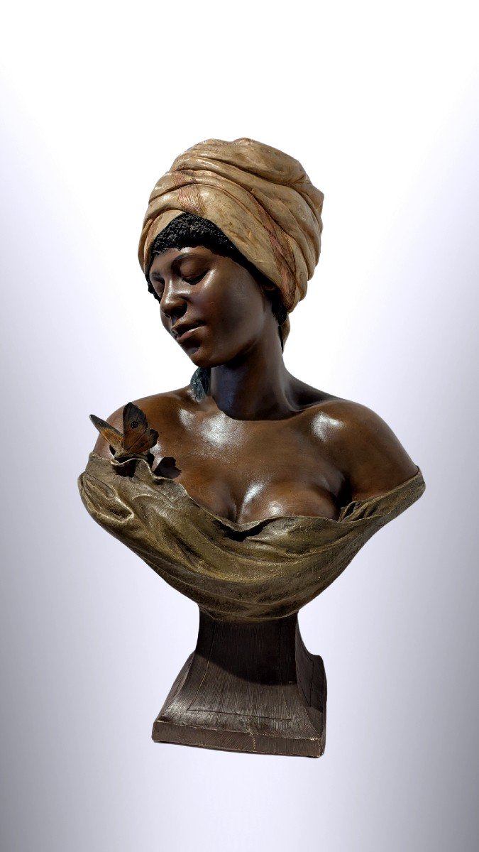 Goldscheider, Femme Au Papillon, Terre Cuite Orientaliste Africaniste-photo-2