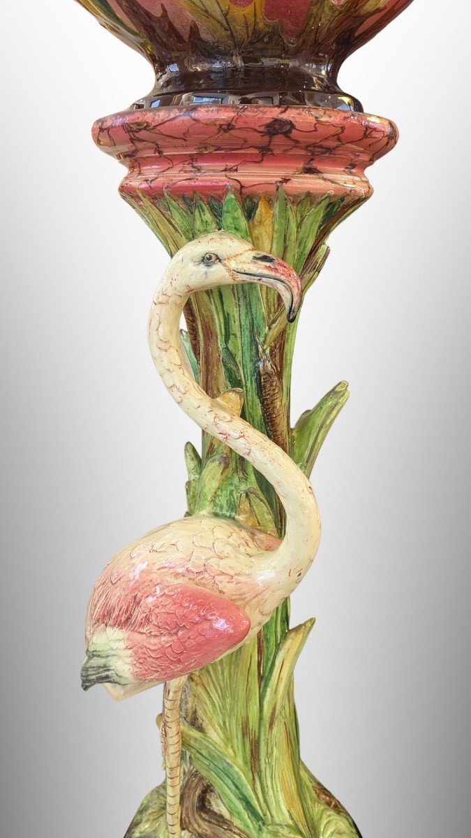 D. Massier, Flamingo And Thistle Ceramic Set, Art Nouveau Ceramic Barbotine-photo-2