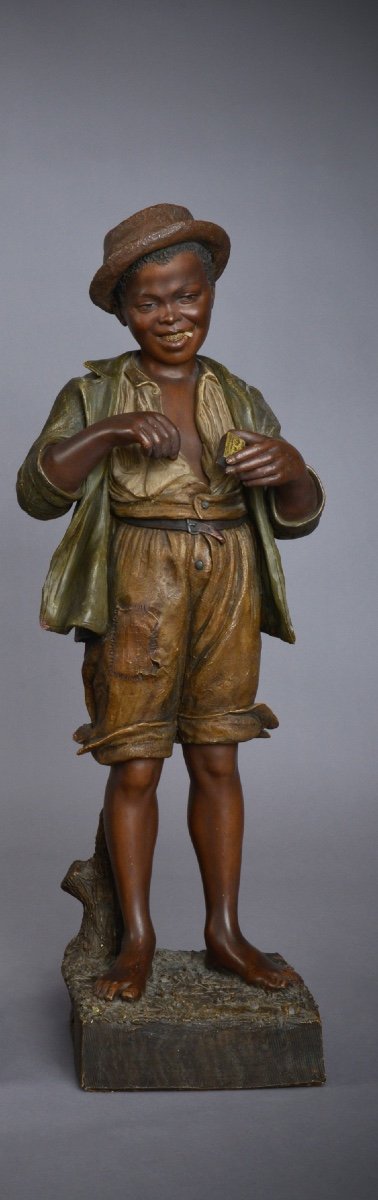 Goldscheider, Little Black Standing With A Cigarette, Orientalist Terracotta Sculpture