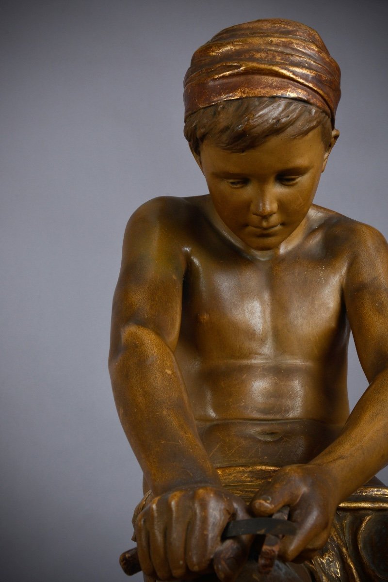 Manufacture Goldscheider, Young Arab With Turban - Terracotta Orientalist Sculpture-photo-2