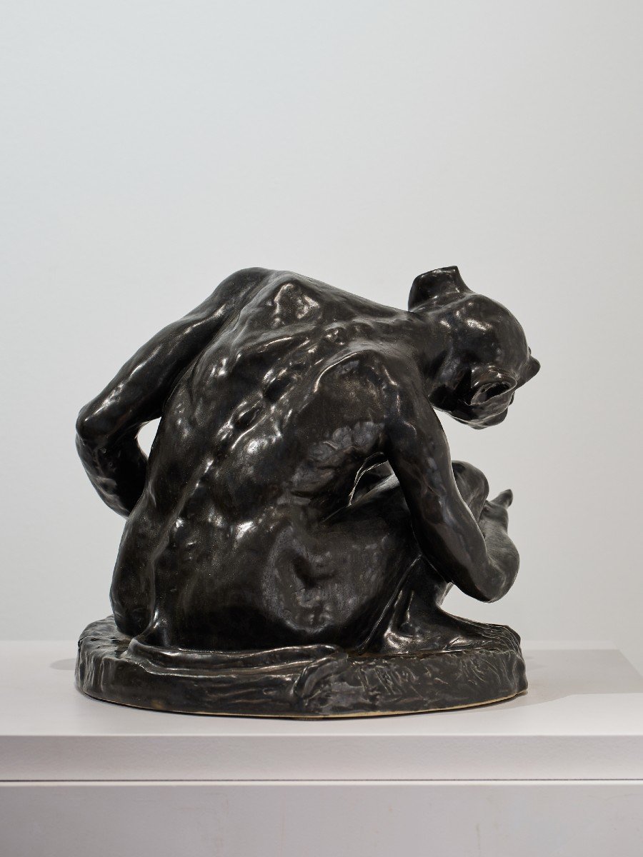 Céramique à Engobe, Singe Mendiant époque Art Nouveau.-photo-3