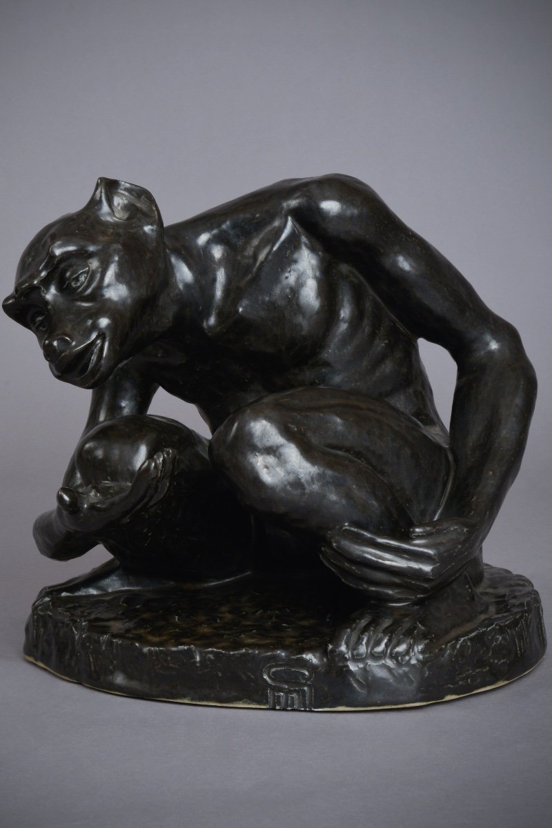 Engobe Ceramic, Art Nouveau Period Beggar Monkey.