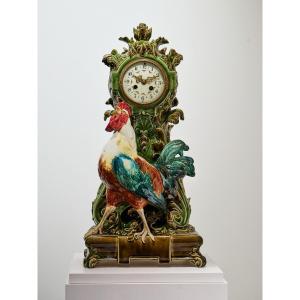 Choisy Le Roy, Singing Rooster Clock After Carrier Belleuse, Barbotine