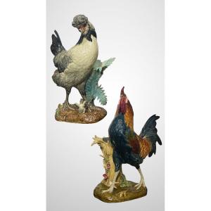 Paul Comoléra, Rooster And Hen Couple Ceramic Barbotine Signed Comolera
