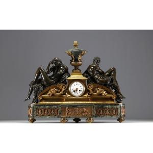 Importante Pendule "allégorie Du Jour Et De La Nuit", Bronze, Marbre, Napoleon III