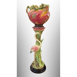 D. Massier, Flamingo And Thistle Ceramic Set, Art Nouveau Ceramic Barbotine