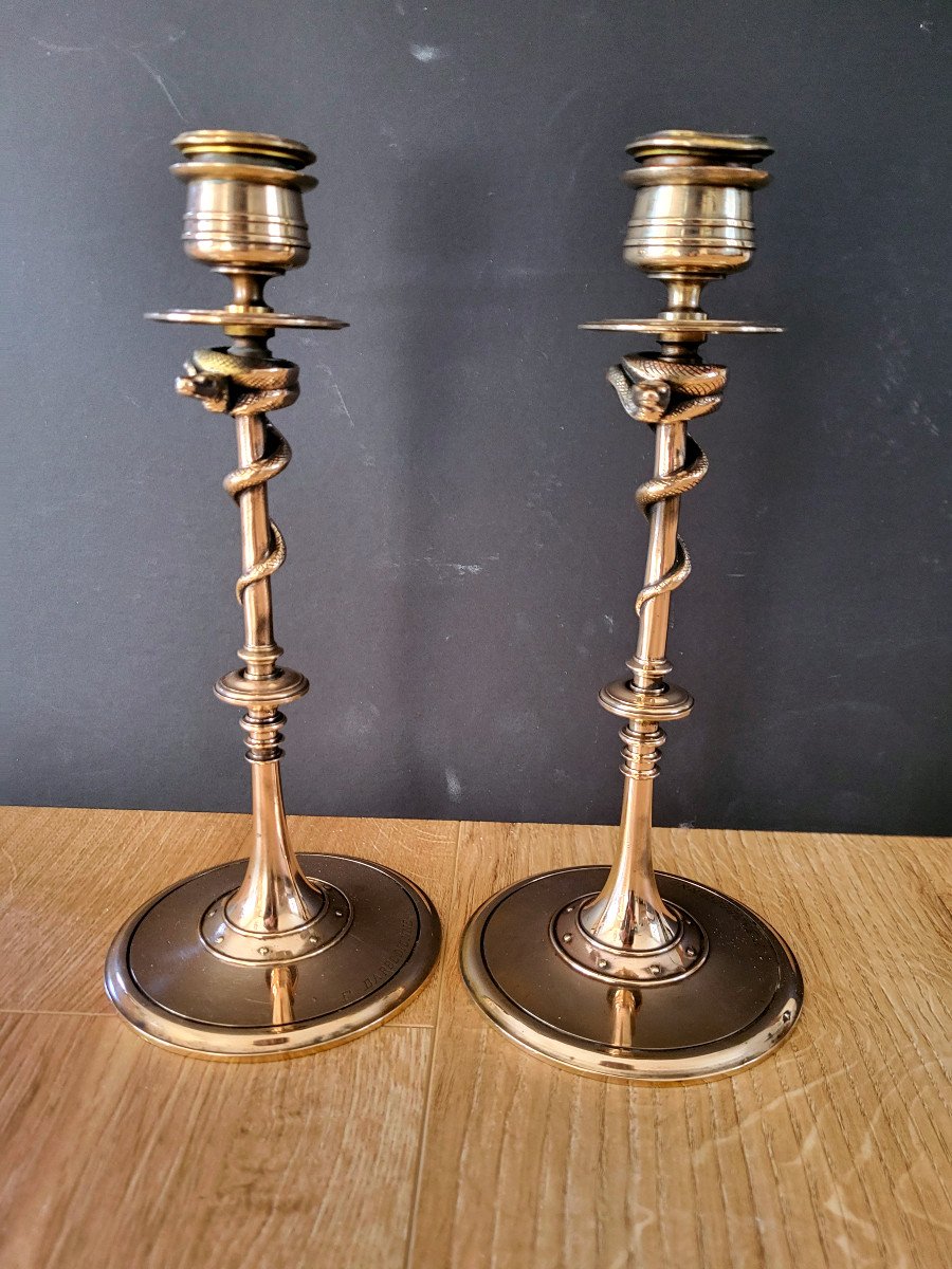 Pair Of Bronze Snake Candlesticks By Barbedienne