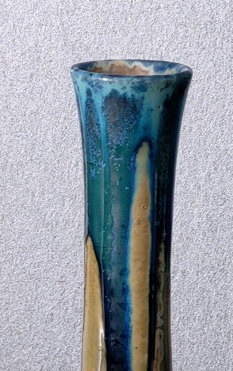Large Renoleau Vase With Pansu Base, Beige And Blue Color-photo-3