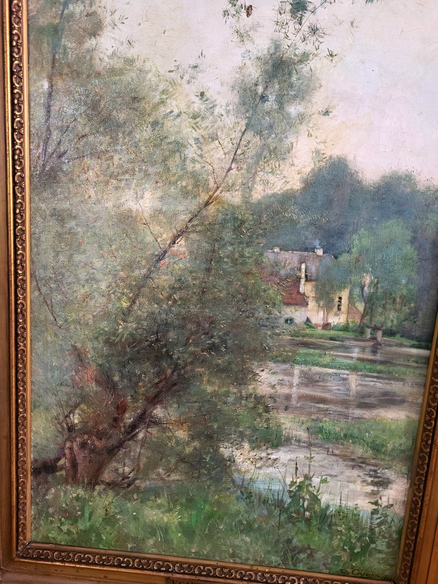 Large Painting Mill And Landscape, Oil 1906 Signed Félix Carpentier-photo-1