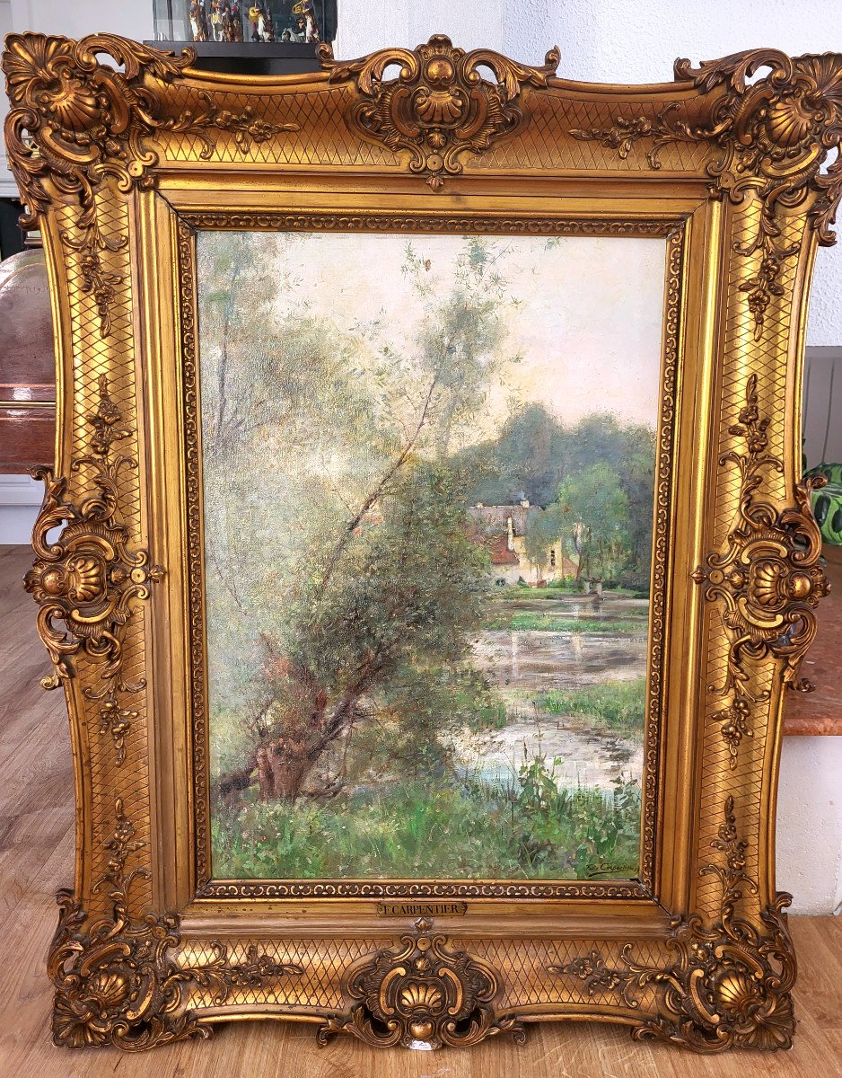 Large Painting Mill And Landscape, Oil 1906 Signed Félix Carpentier