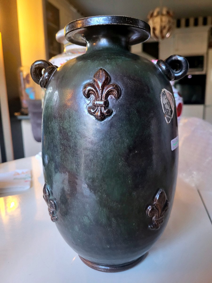 Bouffioulx Roger Guerin Stoneware Vase Decorated With Fleurs De Lys-photo-2