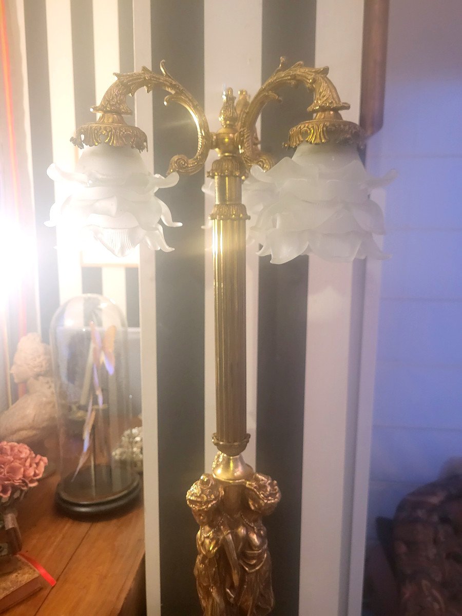 Large Les 3 Graces Lamp In Gilt Bronze, Brass And Marble 88 Cm-photo-2