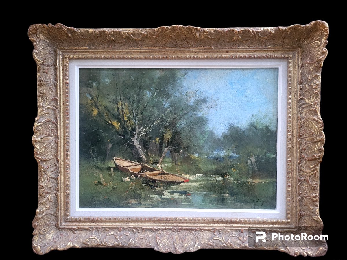 Oil On Canvas Signed Lievin D. 'boat At The Pond' From The 19th Century