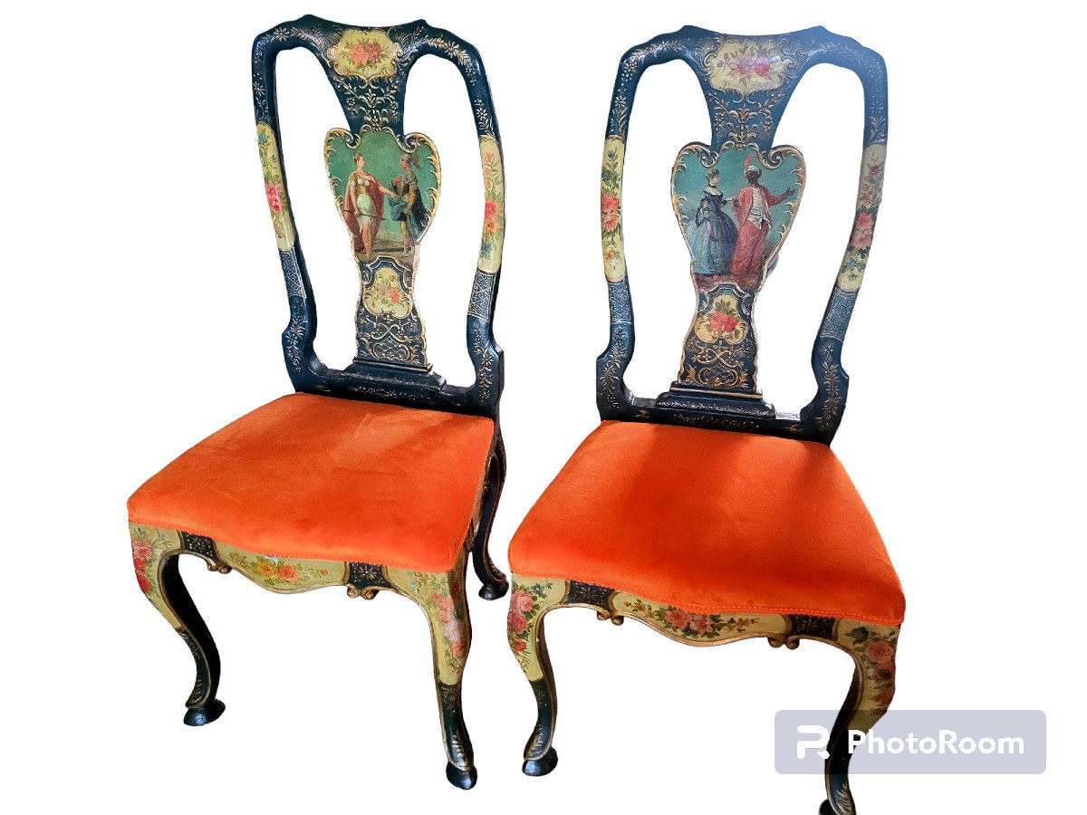 Pair Of Spectacular Venetian Chairs Painted In Carved Wood From The 18th Century-photo-2