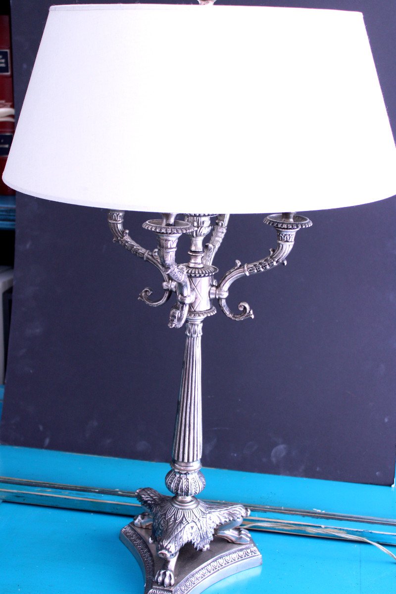 19th Century Silver Bronze Candelabra Lamp - -photo-1
