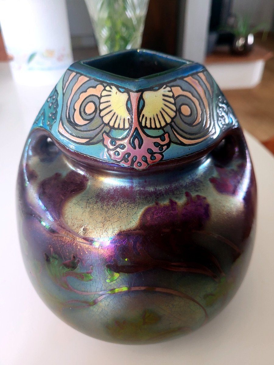 Montières Ceramic Iridescent Bulbous Vase (double Signature)-photo-3