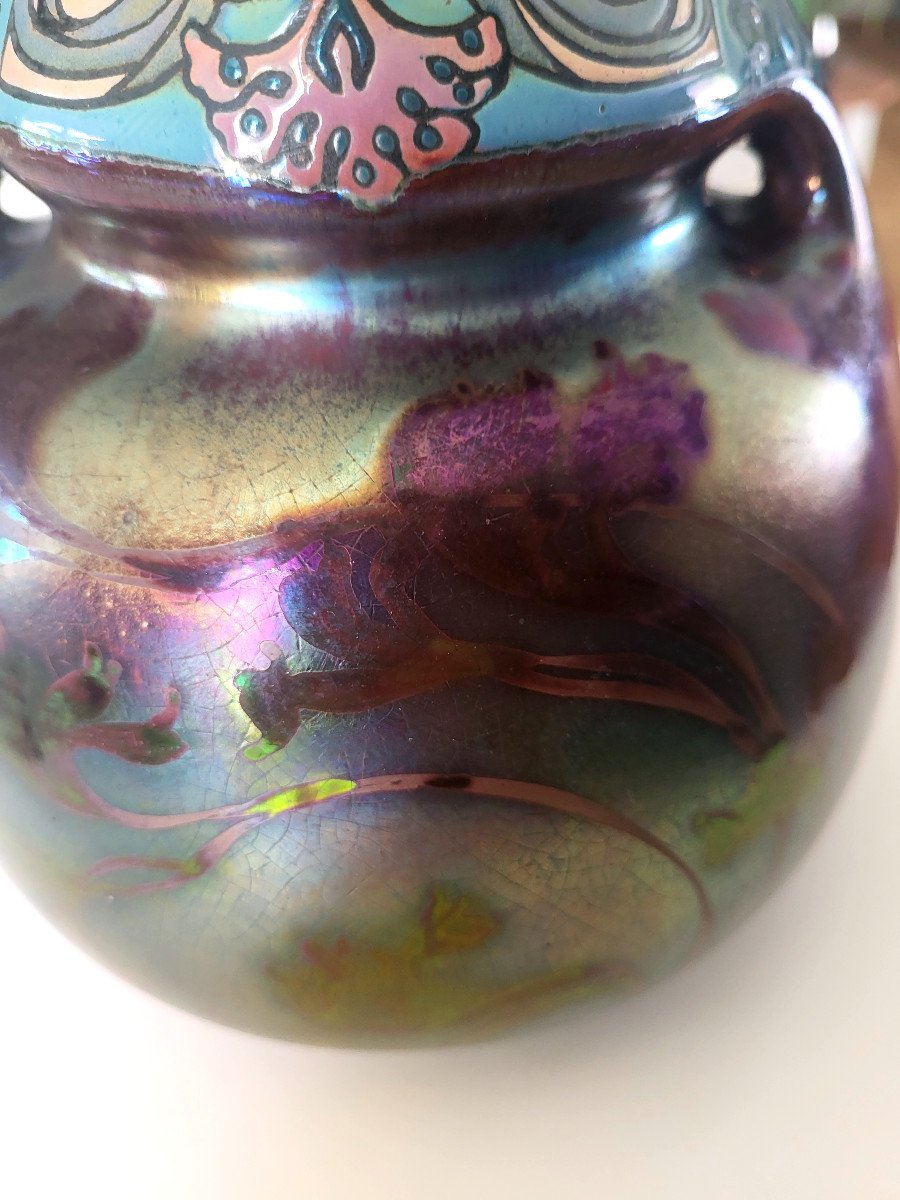 Montières Ceramic Iridescent Bulbous Vase (double Signature)-photo-3