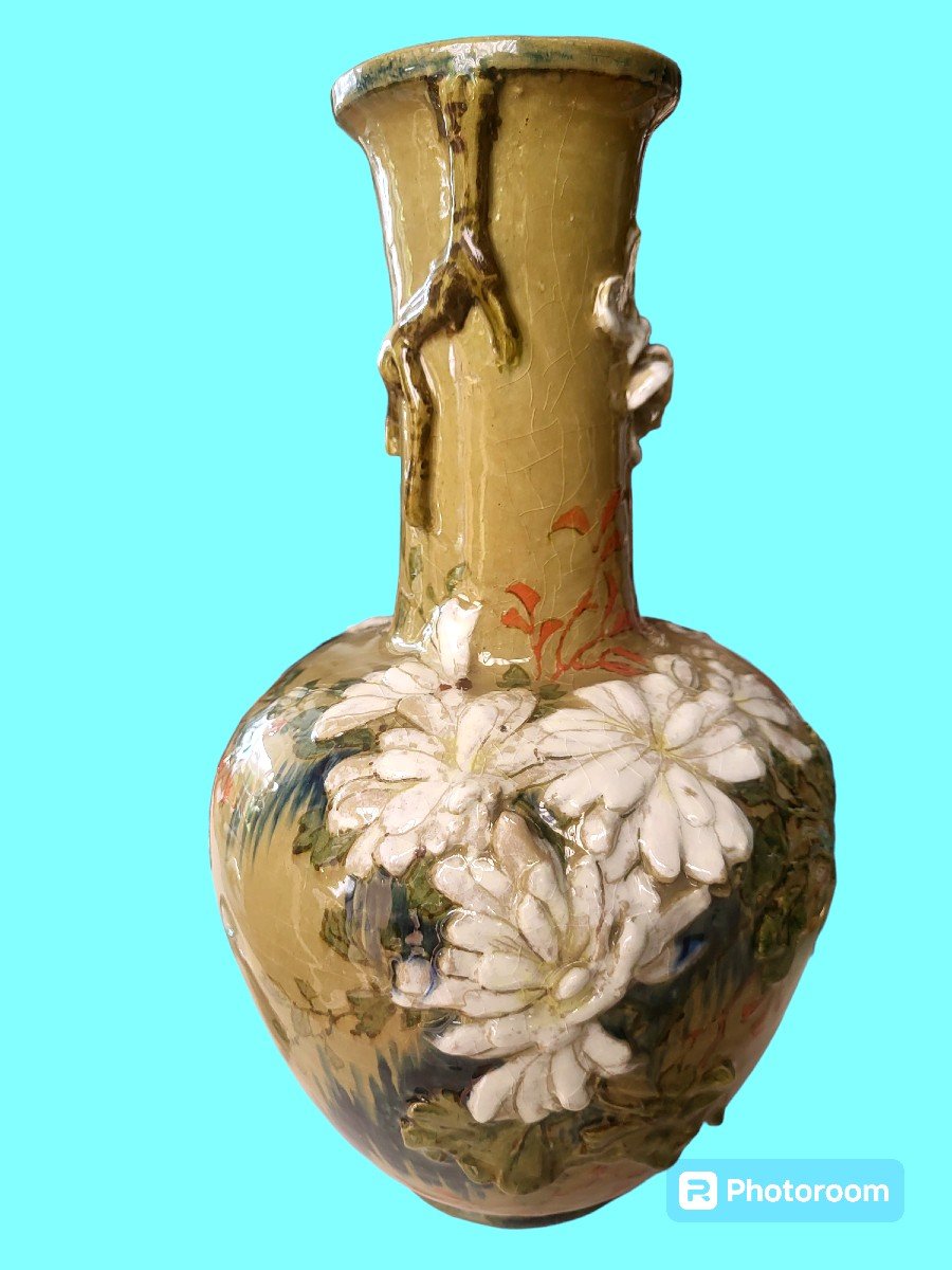 Vase En Faïence Craquelée En Relief Signe Lachenal, époque XIXeme