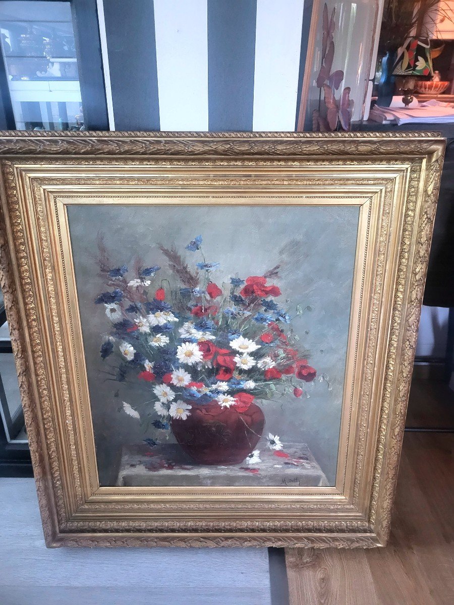 Tableau Bouquet De Fleurs des Prés- Huile Sur Toile XIXeme-photo-3