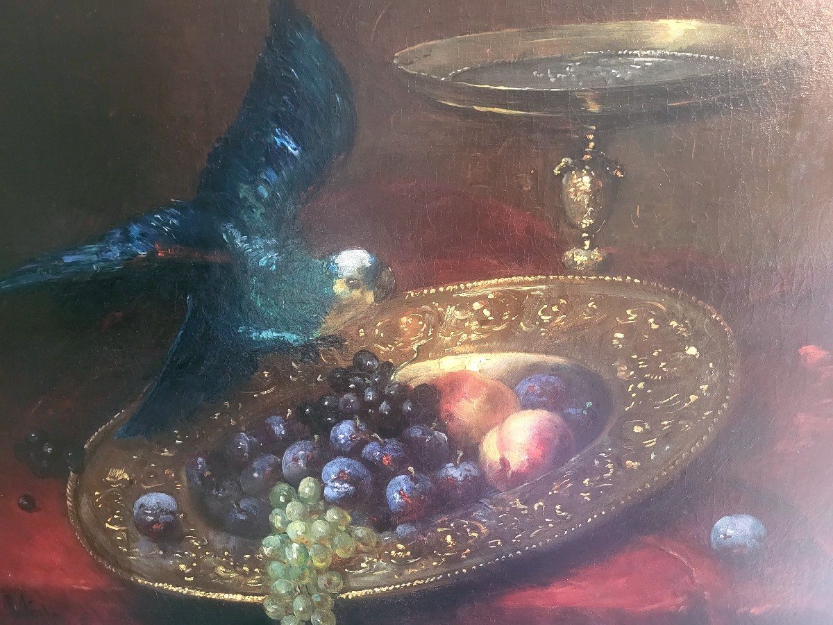 Oil On Canvas, Still Life With Fruits And Parrot Signed Paul Foret - 19th Century-photo-2