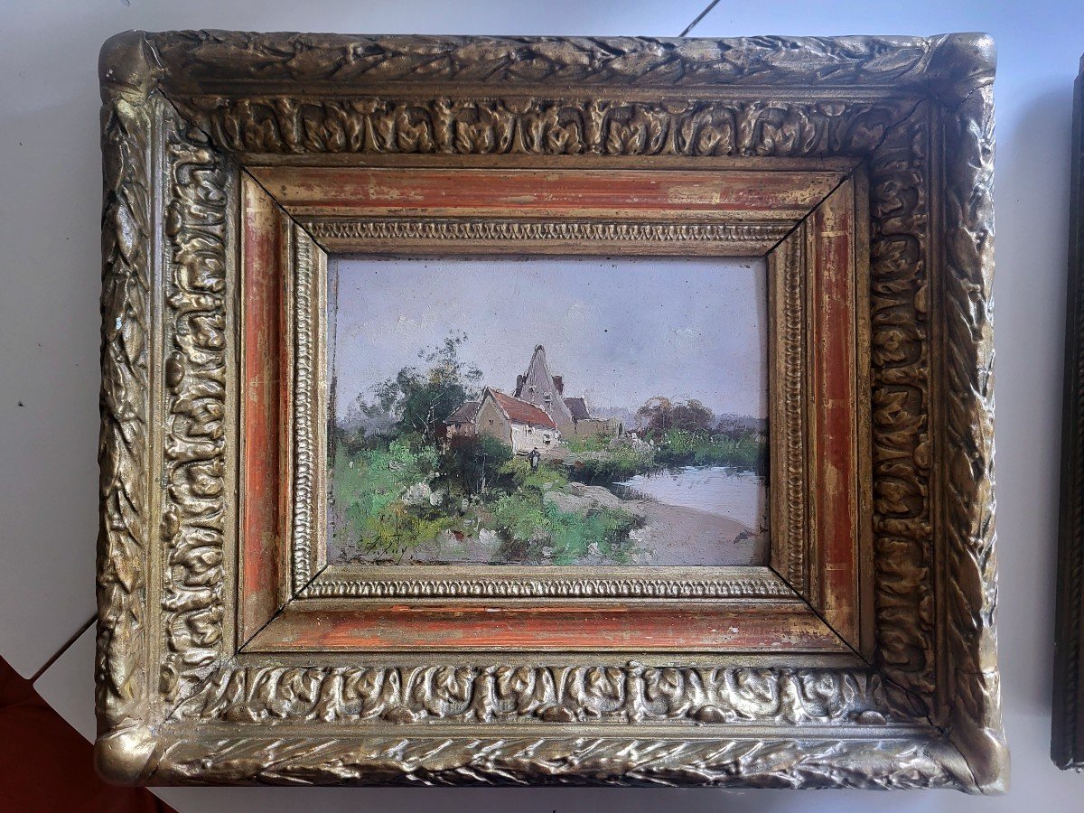 Paire de tableaux de Gallien Laloue, pseudo Dupuy, paysage bord de l'eau et maison - XIXeme-photo-2