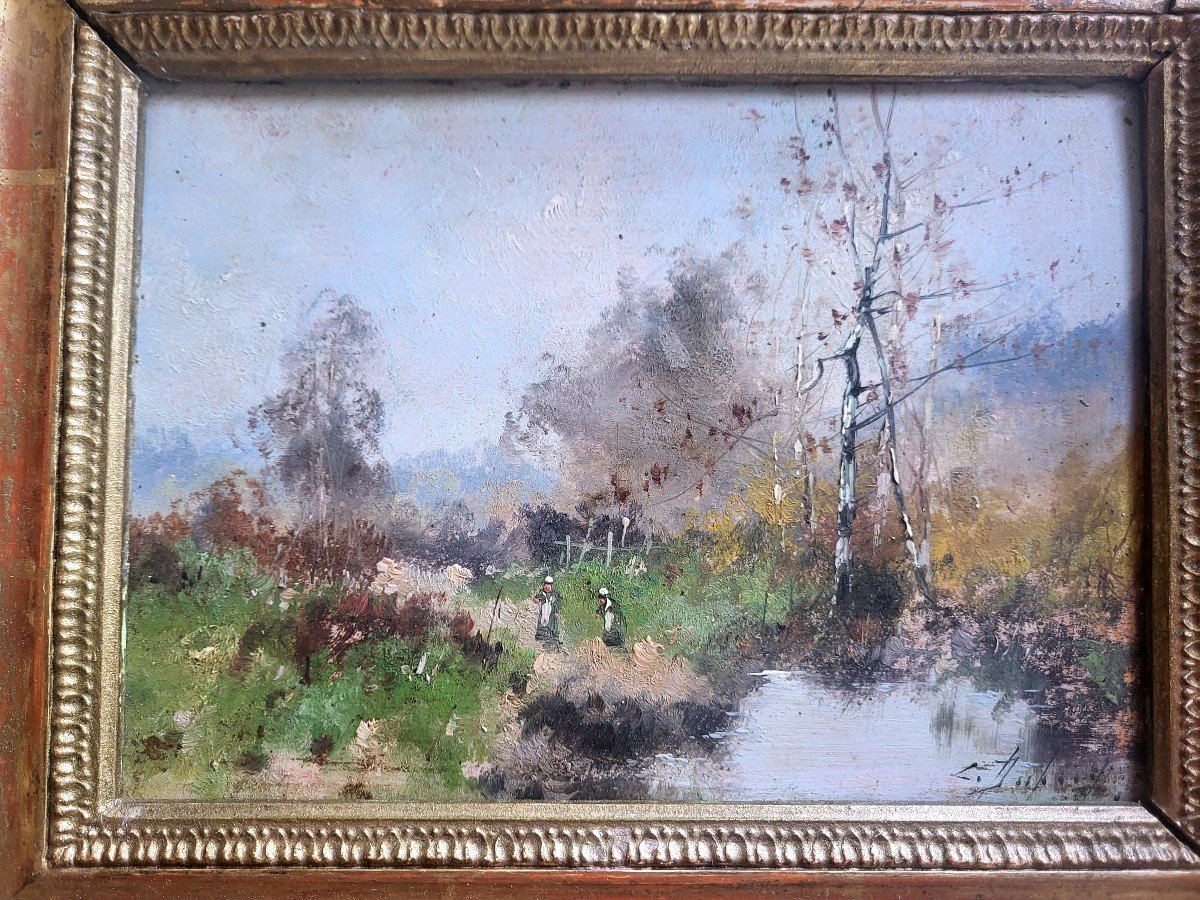 Paire de tableaux de Gallien Laloue, pseudo Dupuy, paysage bord de l'eau et maison - XIXeme-photo-1