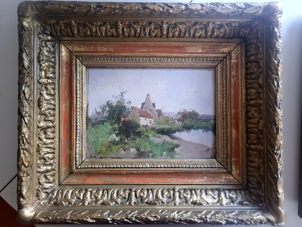 Paire de tableaux de Gallien Laloue, pseudo Dupuy, paysage bord de l'eau et maison - XIXeme-photo-3