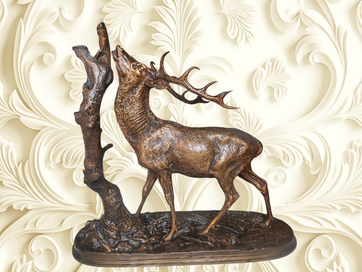 Sculpture Bronze, Cerf à La Branche Signée En Creux P.jules Mêne Du XIXeme