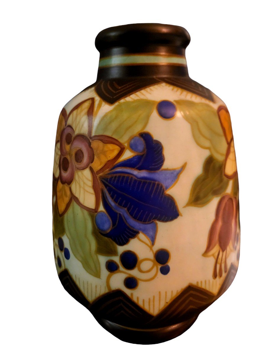 Kéramis Ceramic Vase With Floral Decoration From The 1930s, Decorator Charles Catteau-photo-2