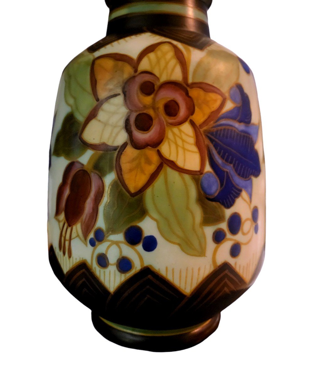 Kéramis Ceramic Vase With Floral Decoration From The 1930s, Decorator Charles Catteau-photo-3