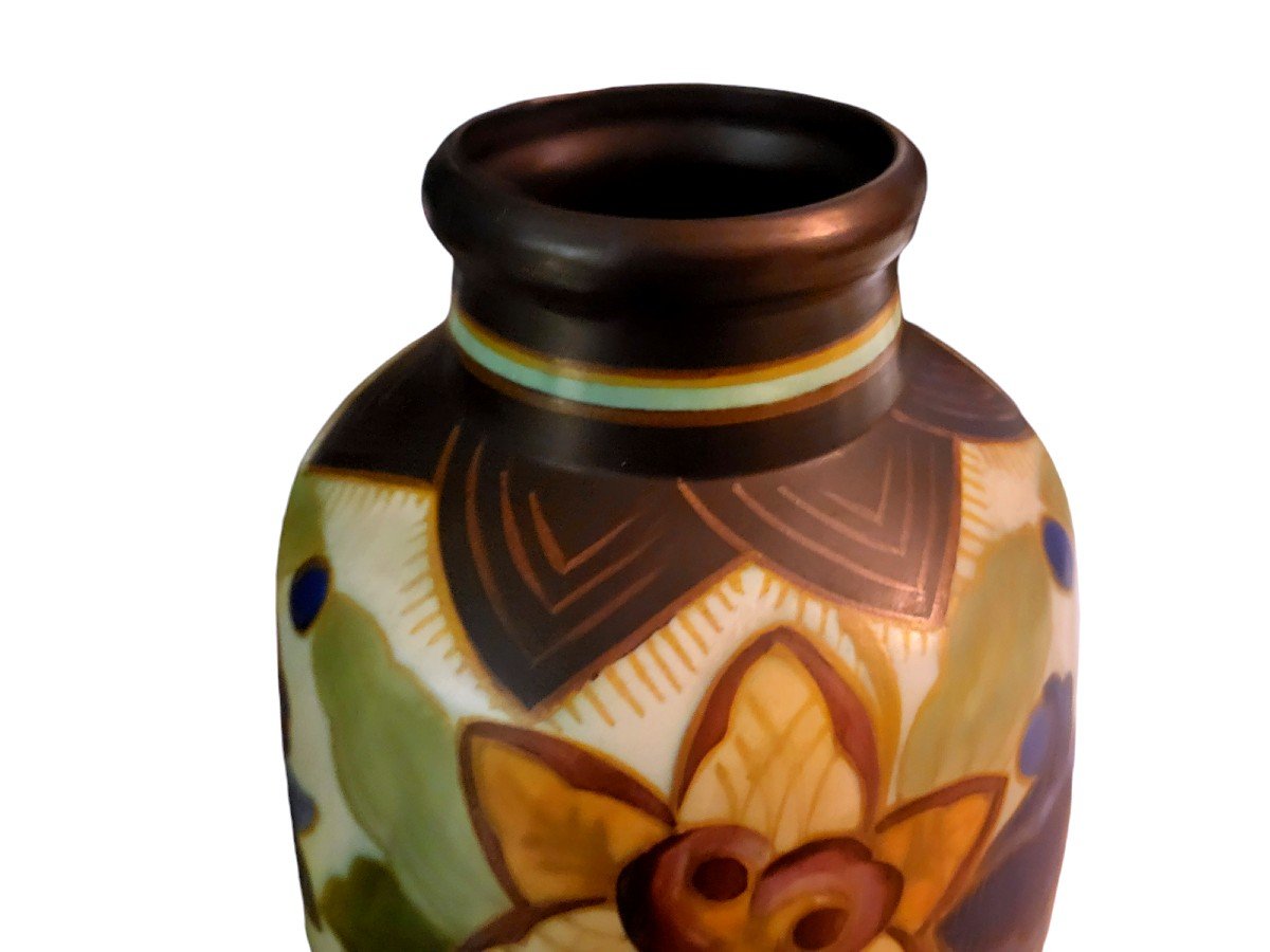 Kéramis Ceramic Vase With Floral Decoration From The 1930s, Decorator Charles Catteau-photo-1