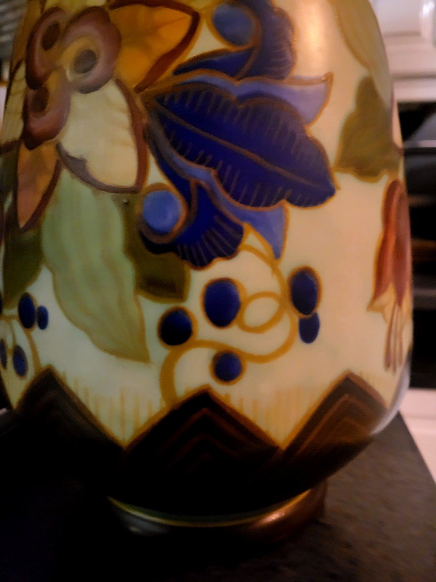 Kéramis Ceramic Vase With Floral Decoration From The 1930s, Decorator Charles Catteau-photo-2