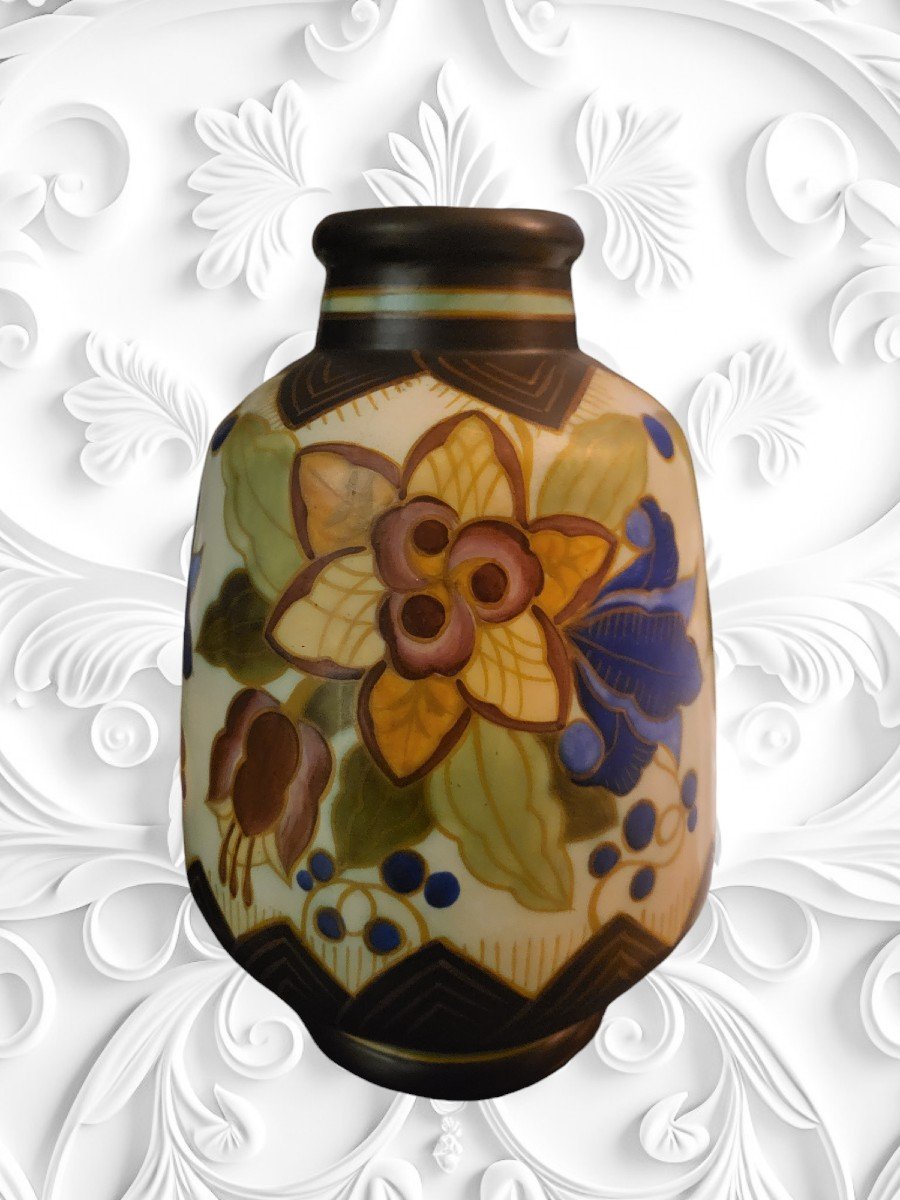 Kéramis Ceramic Vase With Floral Decoration From The 1930s, Decorator Charles Catteau-photo-3