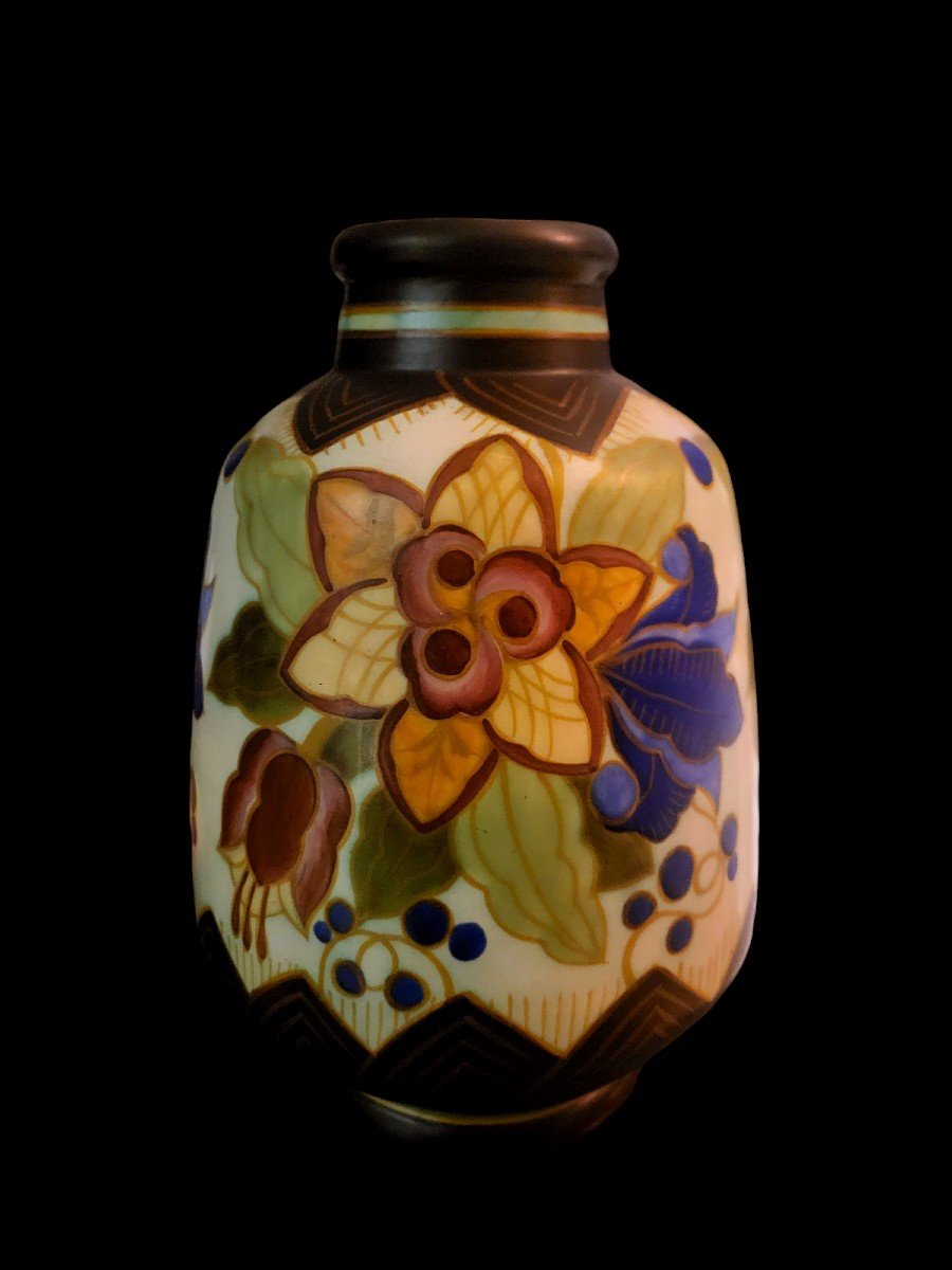 Kéramis Ceramic Vase With Floral Decoration From The 1930s, Decorator Charles Catteau