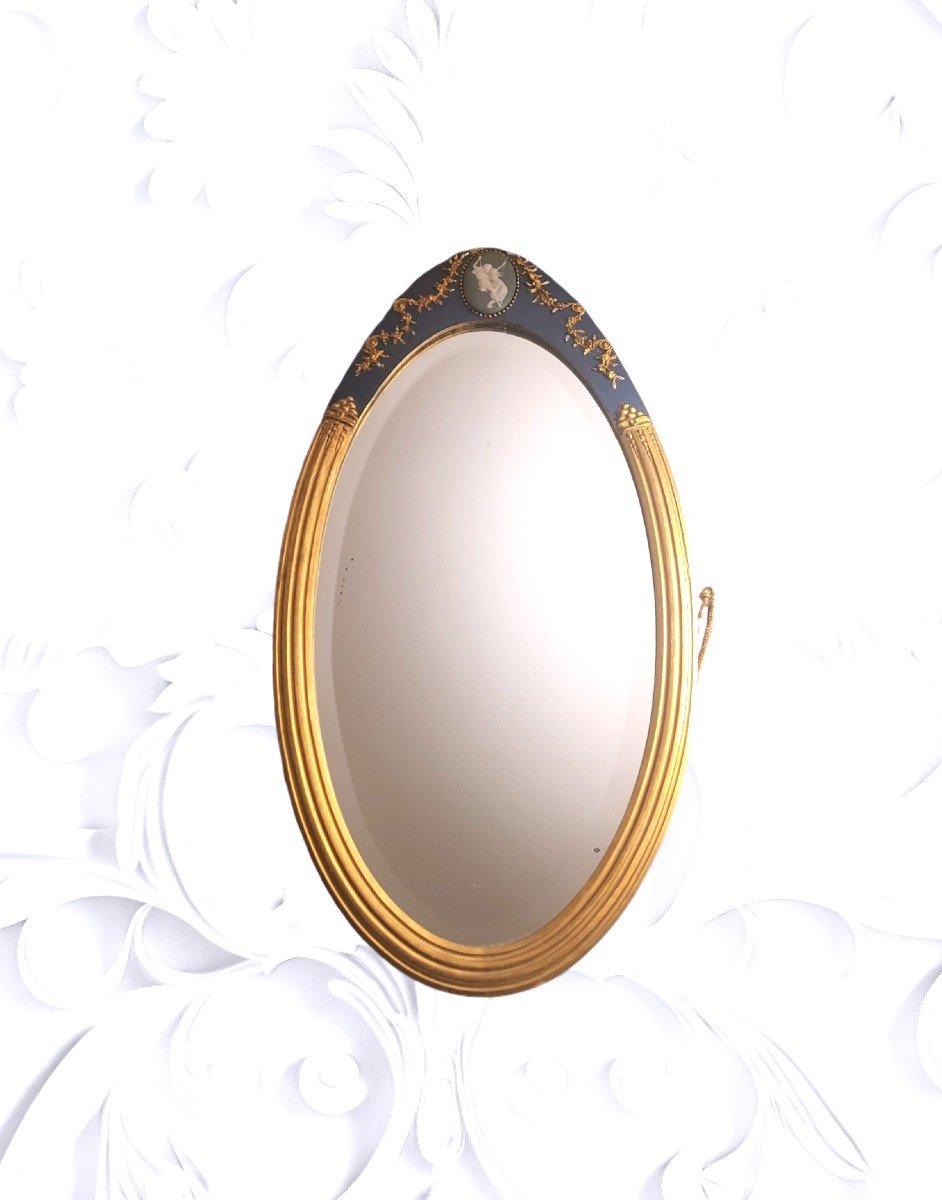 Miroir oval biseauté victorien, cadre bois doré wedgewood,  Art Deco -photo-4