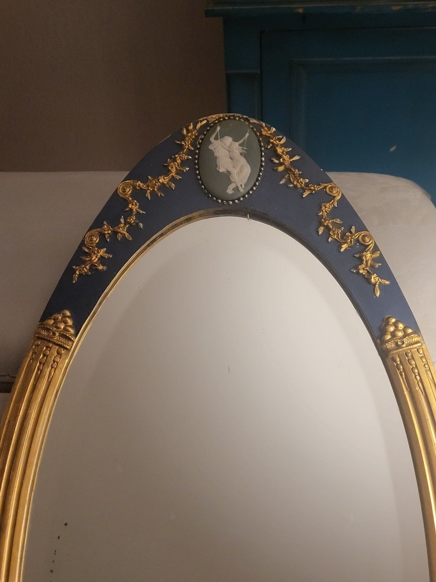 Miroir oval biseauté victorien, cadre bois doré wedgewood,  Art Deco -photo-3