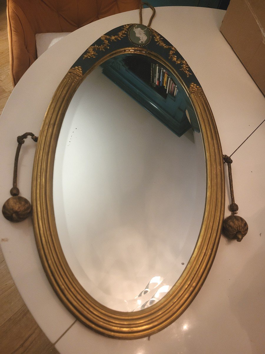 Miroir oval biseauté victorien, cadre bois doré wedgewood,  Art Deco -photo-4