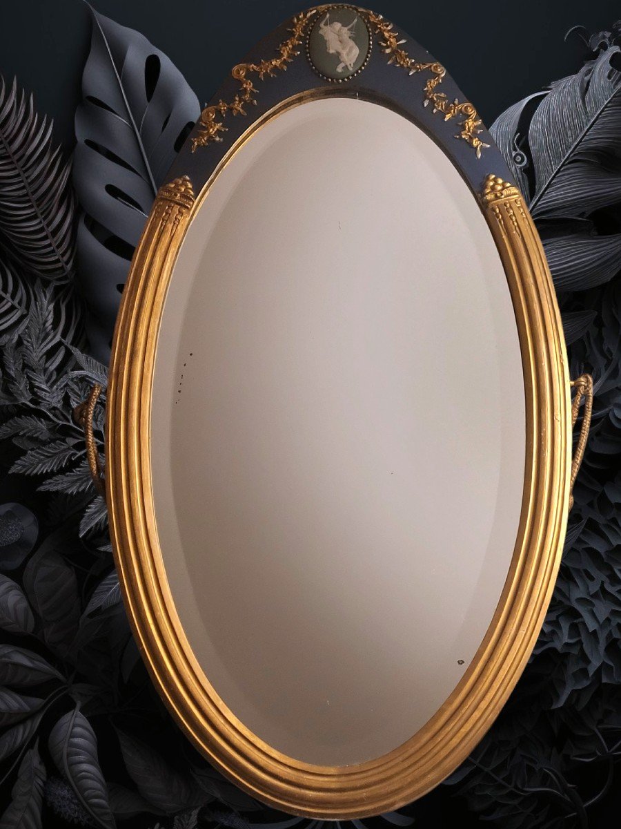 Miroir oval biseauté victorien, cadre bois doré wedgewood,  Art Deco 