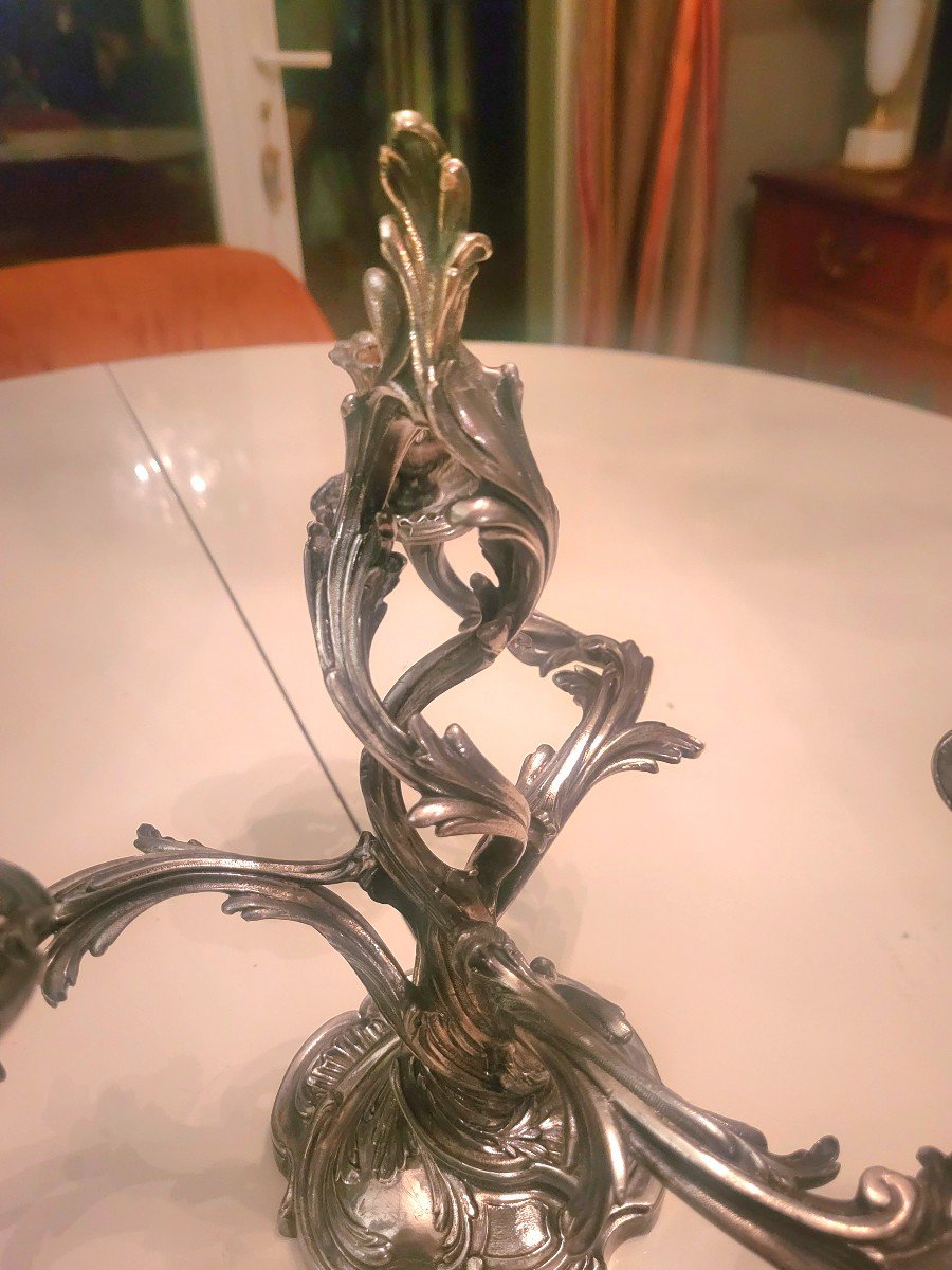 Pair Of Rocaille Style Candelabra In Silvered Bronze By Victor Saglier -photo-2