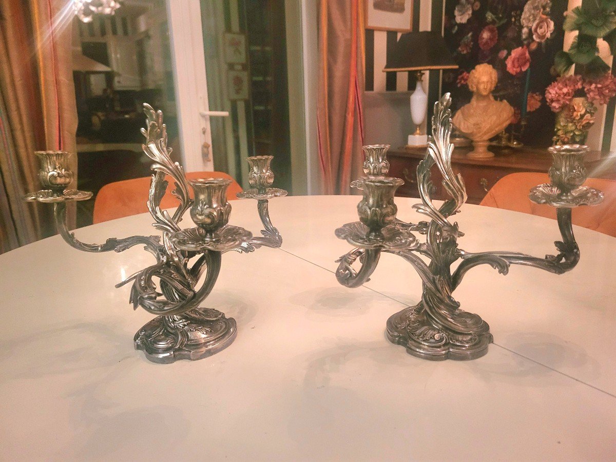 Pair Of Rocaille Style Candelabra In Silvered Bronze By Victor Saglier -photo-5