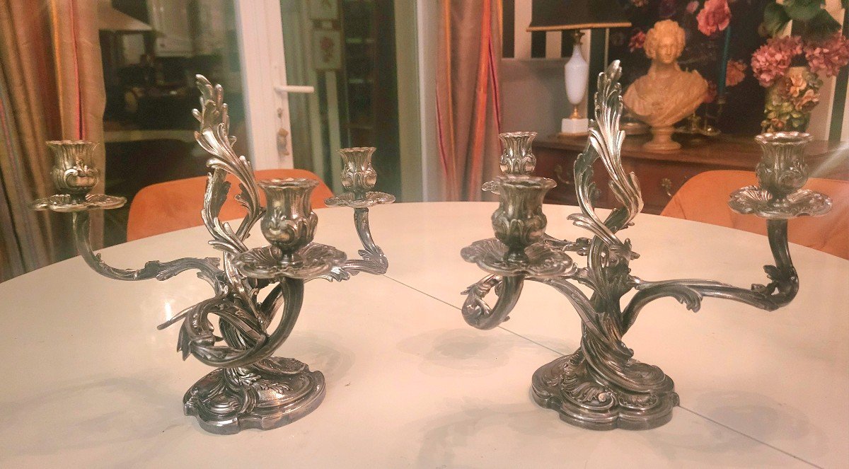 Pair Of Rocaille Style Candelabra In Silvered Bronze By Victor Saglier 