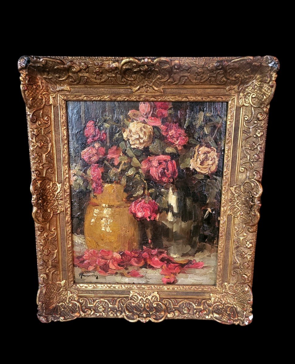 Oil On Canvas Still Life With Roses Signed Courtens Herman - 19th Century