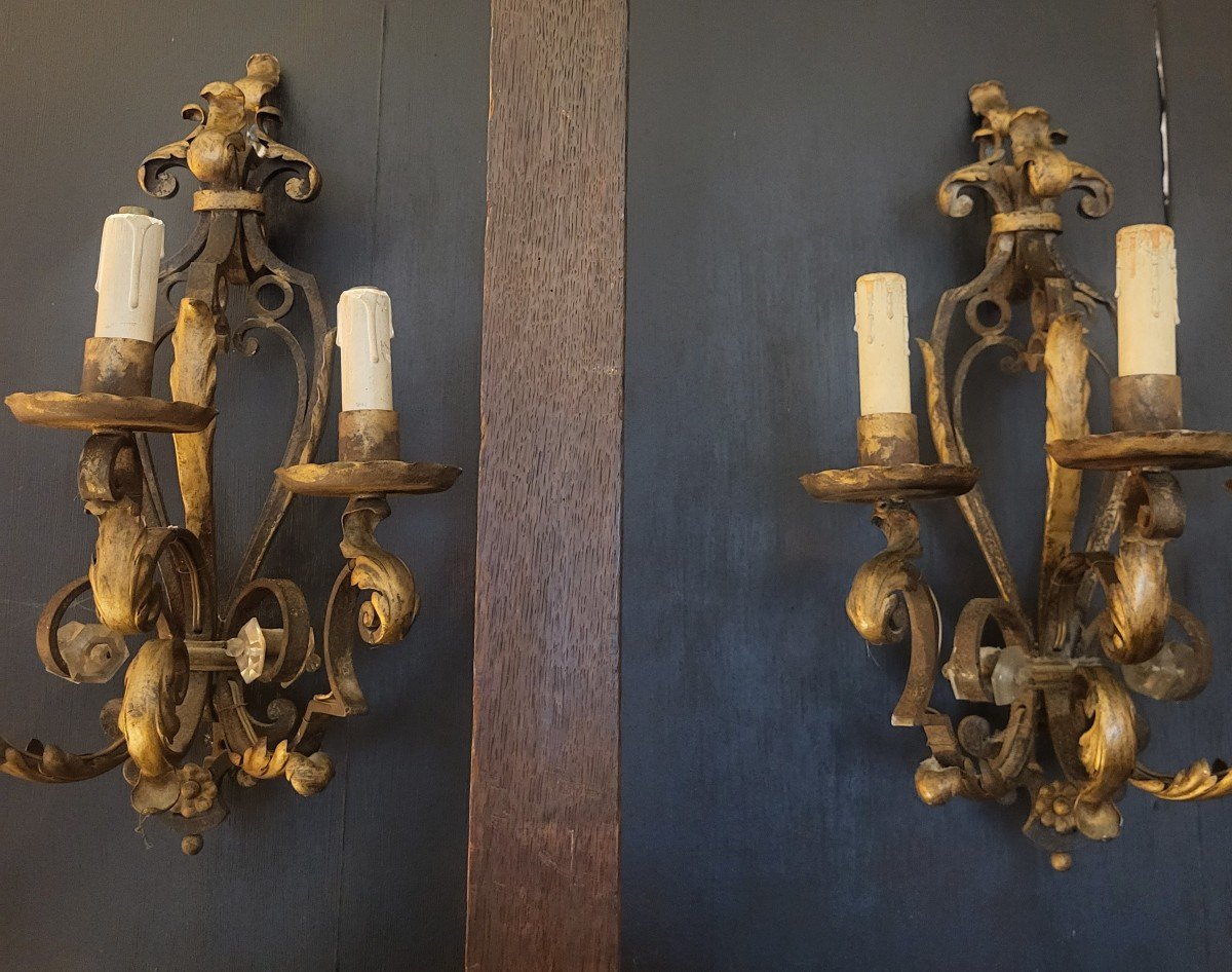 Pair Of 20th Century Wrought Iron Wall Lights-photo-3