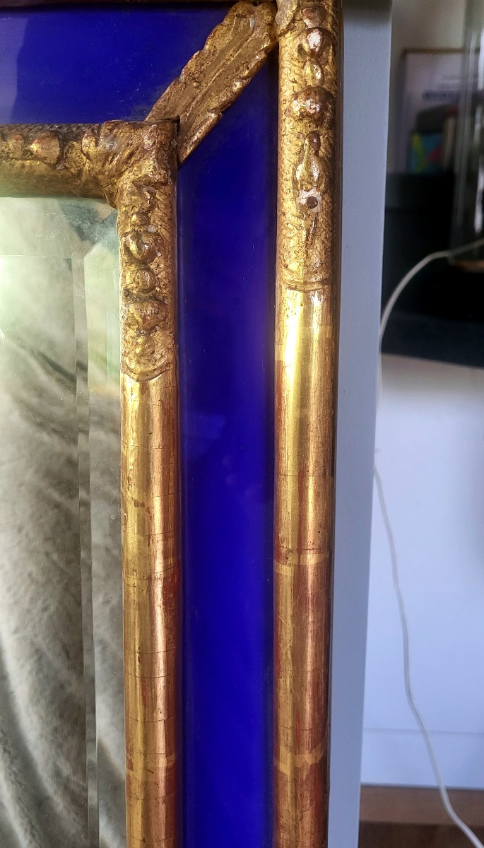 18th Century Venetian Mirror In Gilded Wood, Cobalt Blue Glass Surround-photo-2