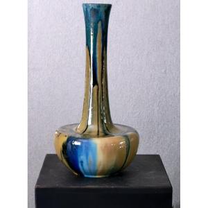 Large Renoleau Vase With Pansu Base, Beige And Blue Color